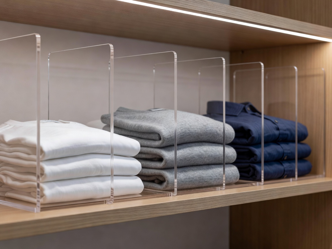 Folded clothing separated by wardrobe shelf dividers with clear access to each short stack
