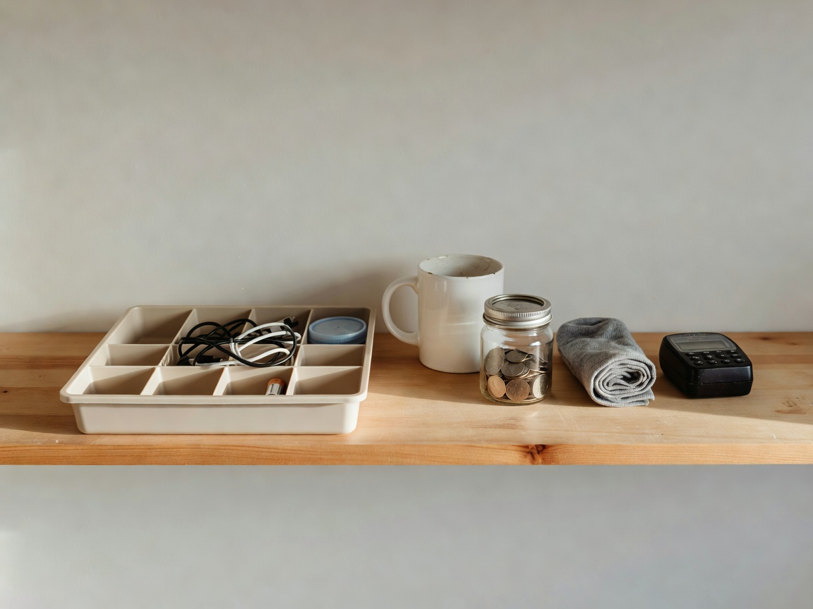One household shelf with a small selection of everyday objects and an open tray for sorting