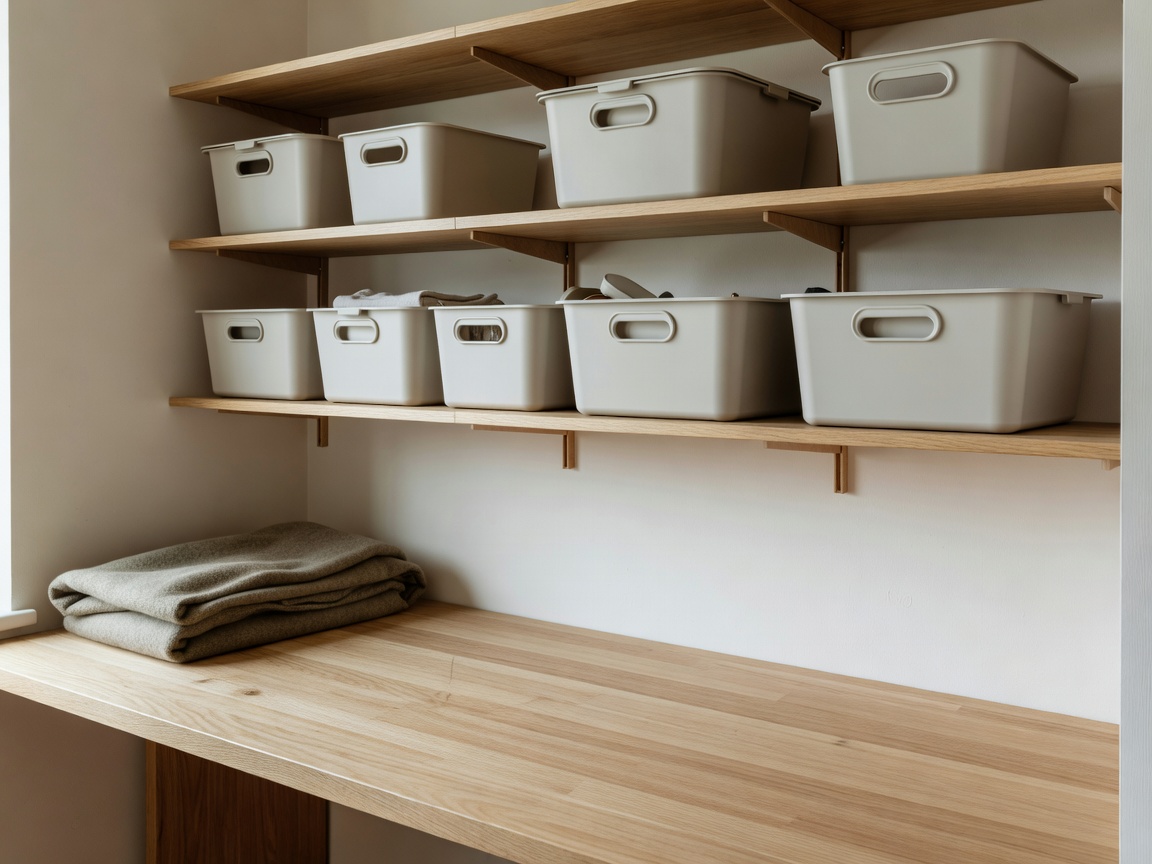 Practical household shelving with handled bins, a folded throw and intentionally open working space