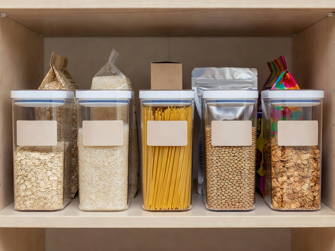 Labeled pantry containers and original food packets arranged in a shallow row on a reachable shelf