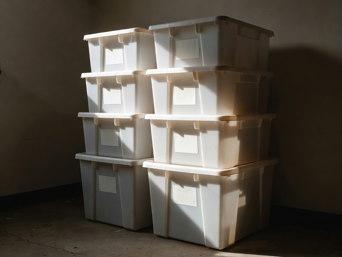 Stacked household storage bins with sturdy handles and visible labels in directional light